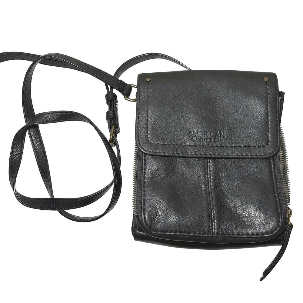 American Leather Co Black Leather Crossbody Organizer Bag Flap Front Small 6x8